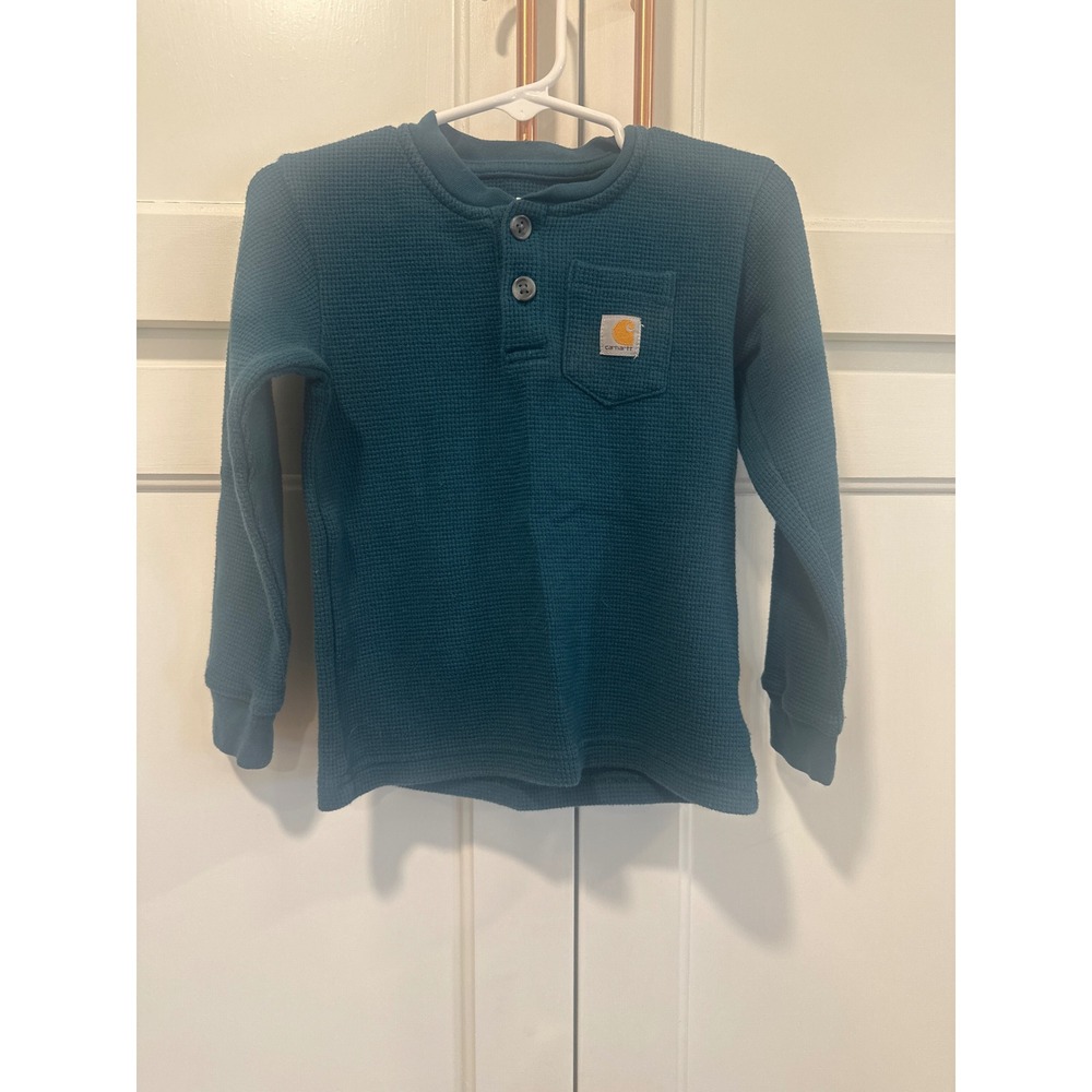 Carhartt Boys 3T Teal Blue Waffle Knit Henley Long Sleeve Shirt EUC western